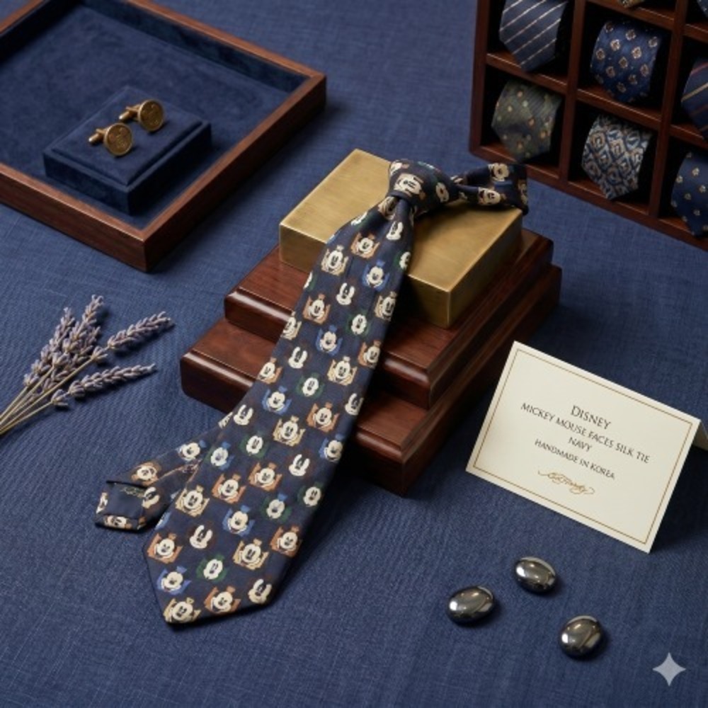 Disney Mickey Mouse Faces Silk‎ Tie Navy Handmade Korea